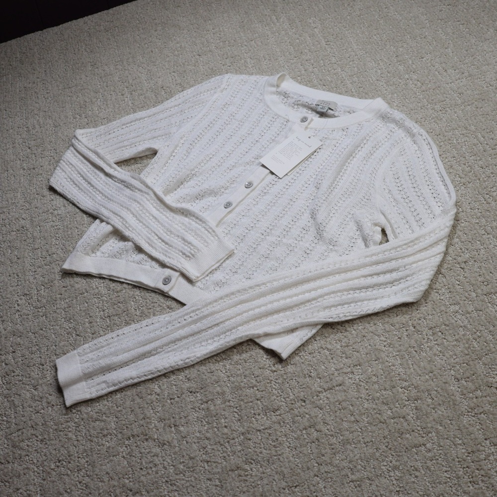 A New Day Womens XS Cream Pointelle Knit Button Front Cardigan Sweater Cream